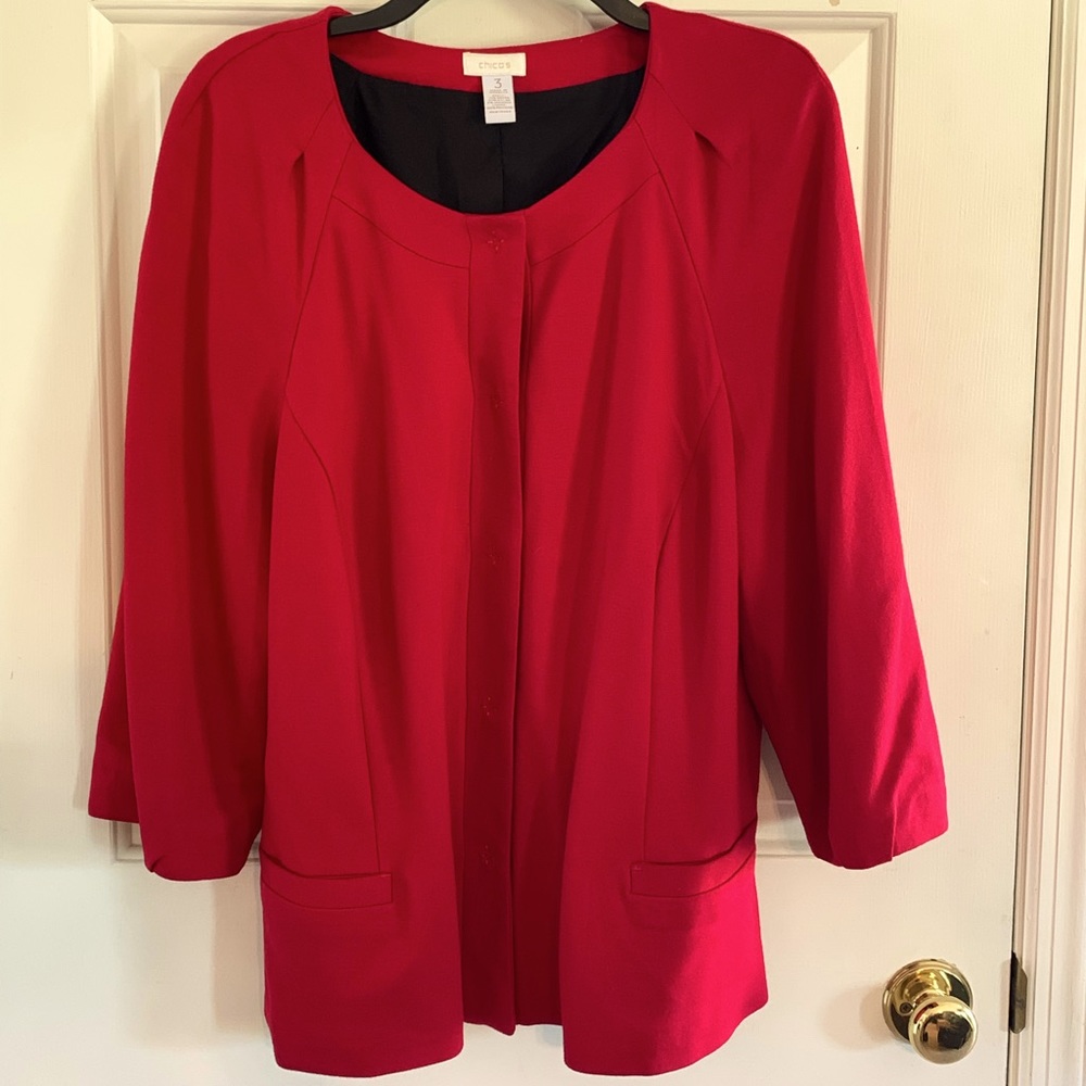 Chico’s snap button down red top ( cardigan jacket ) xlarge 3 40” bust 26” long